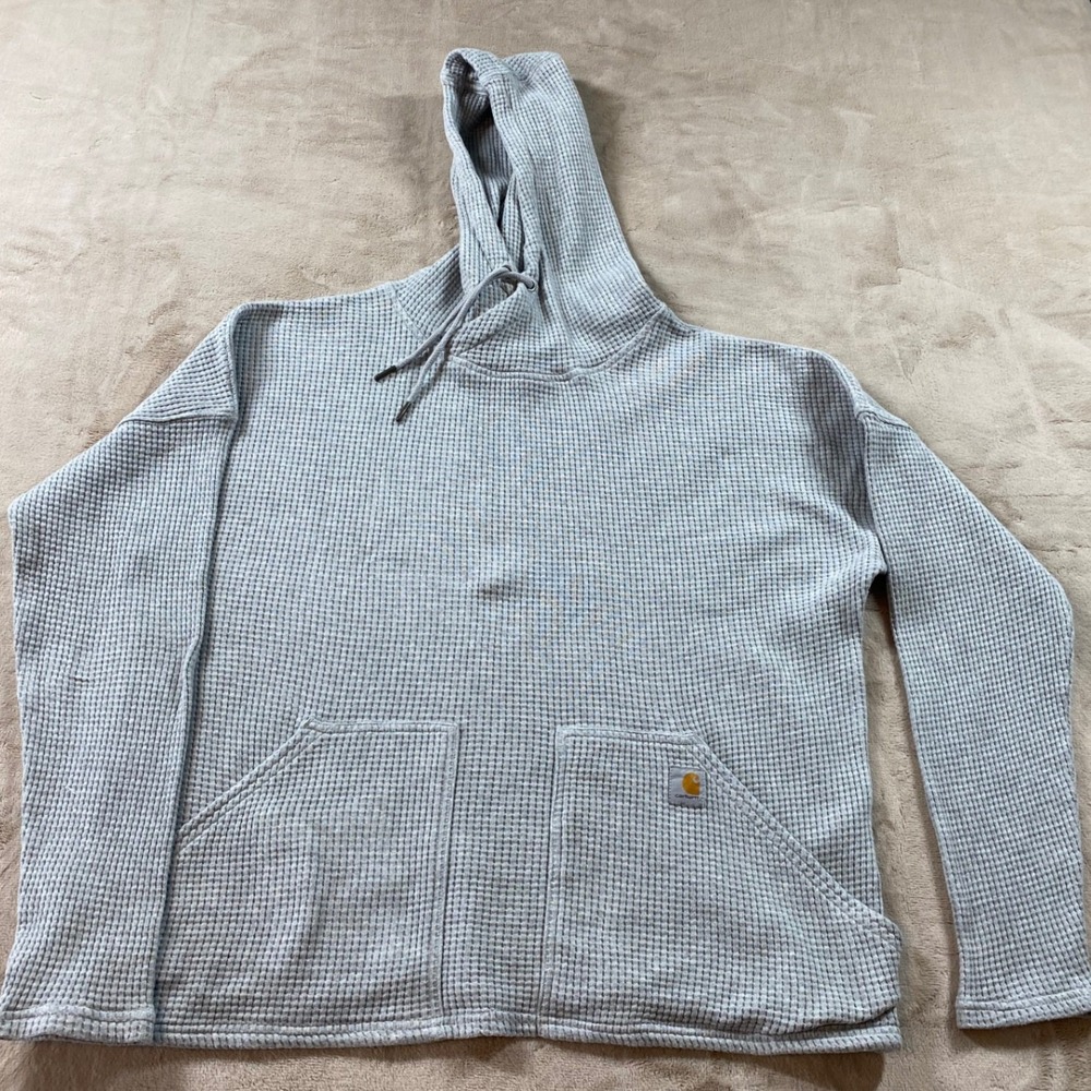 Carhartt Heavyweight Hooded Thermal Shirt Womens L 12-14 Gray Waffle Hoodie